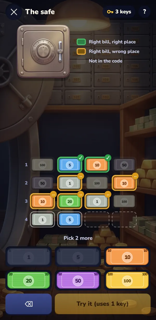 The safe: guessing its code of four bills, with the right bills marked green