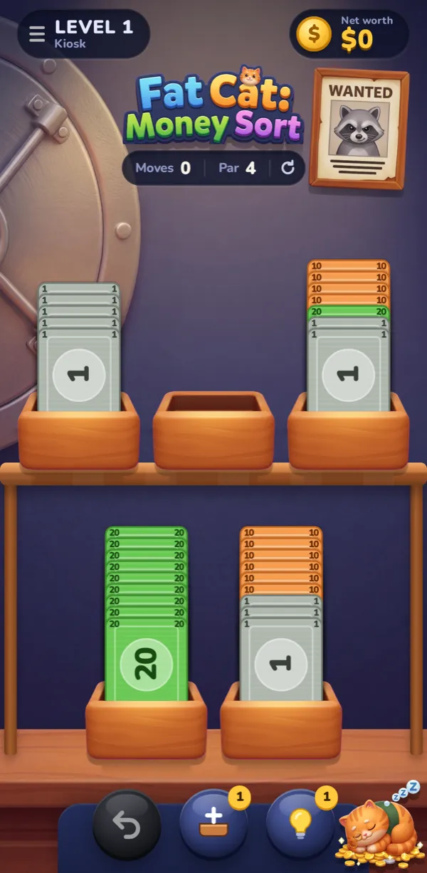 A level: stacks of $1, $10 and $20 bills in wooden trays, the cat asleep on his coins